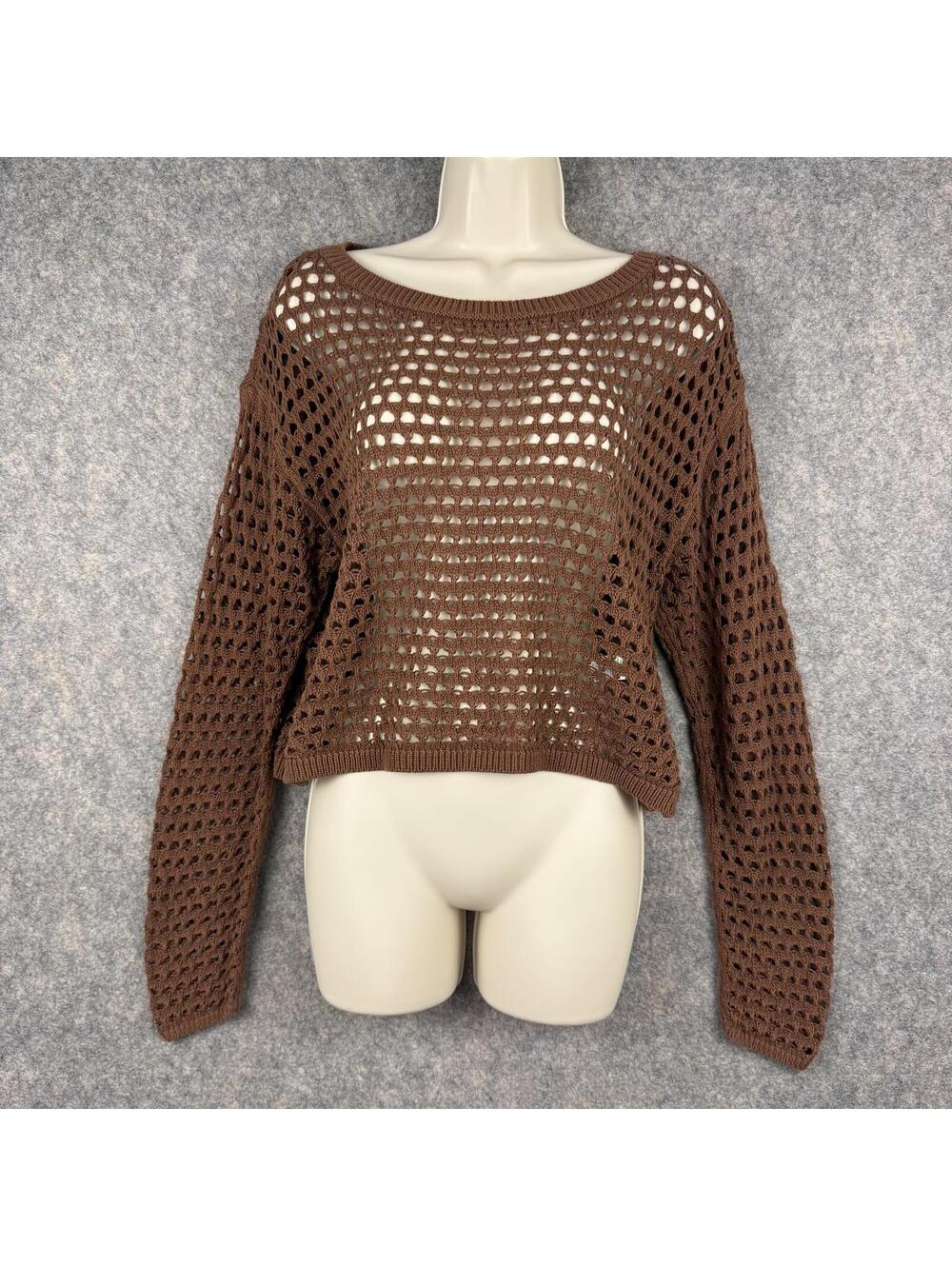 Aerie Crochet Pullover Long Sleeve Sweater Brown Small Craftcore Grandma 439